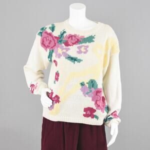Vintage Cream Floral Cottagecore Chunky Knit Sweater NWT Women's Medium